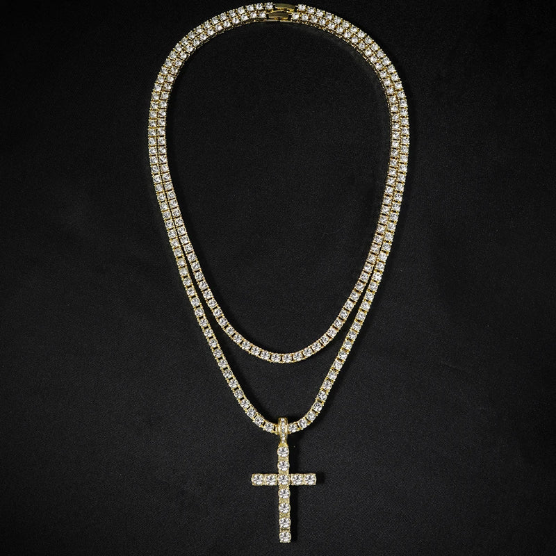 Pingente De Cruz Com Zircônia + Corrente Riviera 4mm