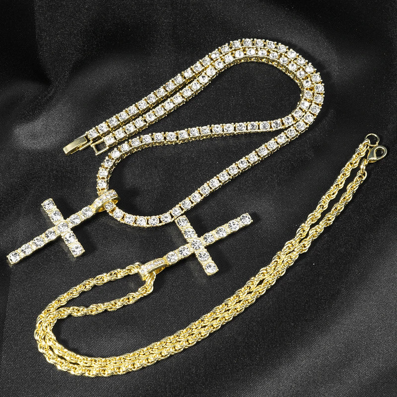 Pingente De Cruz Com Zircônia + Corrente Riviera 4mm