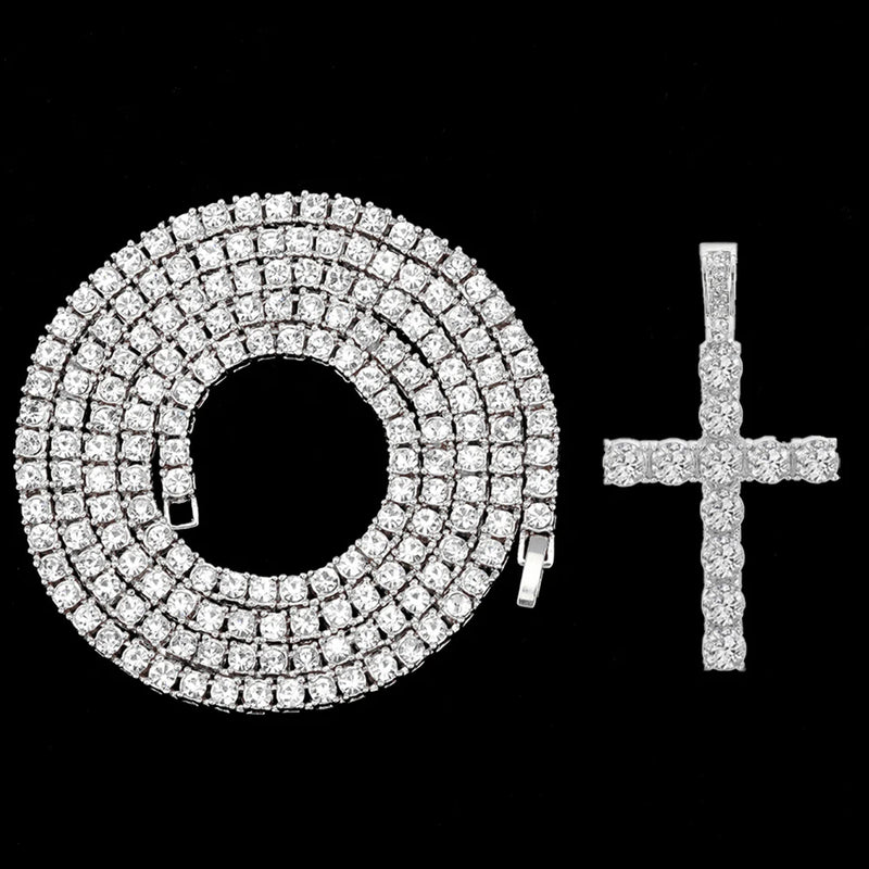 Pingente De Cruz Com Zircônia + Corrente Riviera 4mm