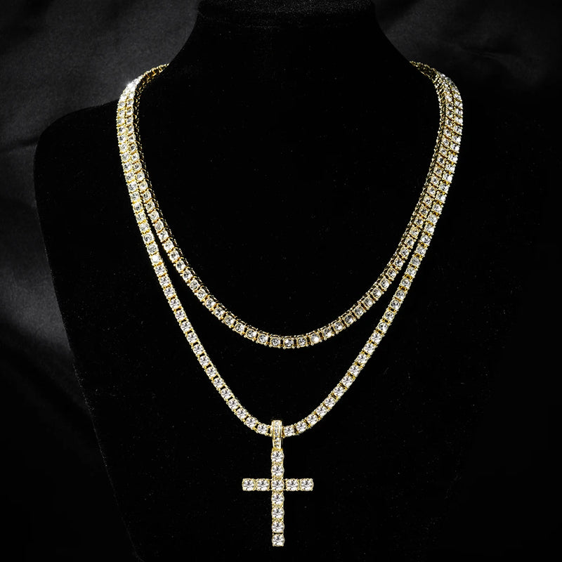Pingente De Cruz Com Zircônia + Corrente Riviera 4mm
