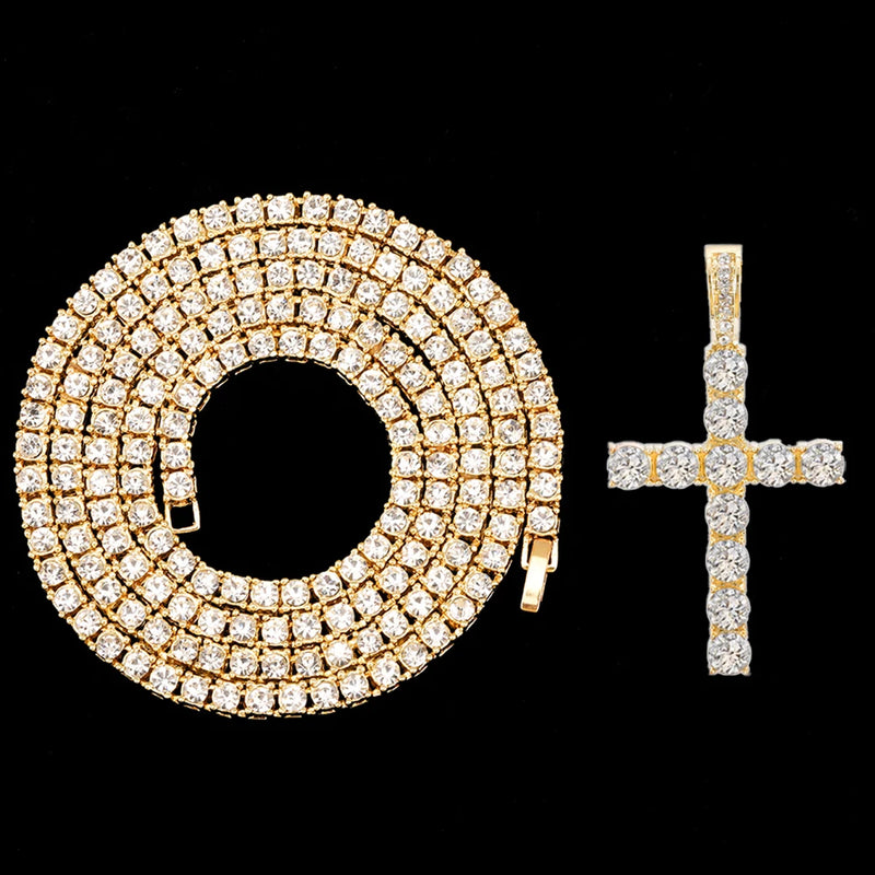 Pingente De Cruz Com Zircônia + Corrente Riviera 4mm